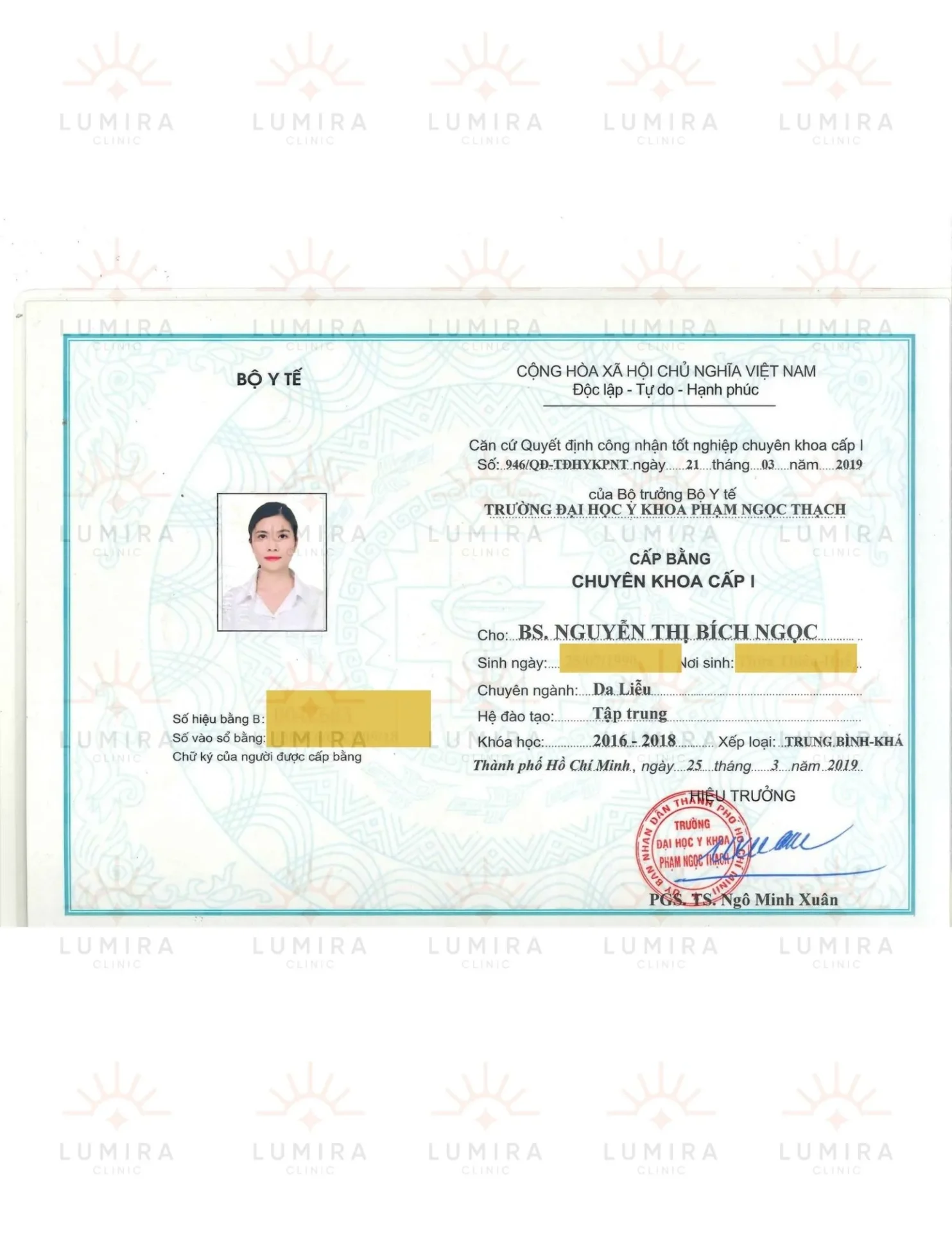 Bằng tốt nghiệp Bác sĩ Chuyên khoa 1 Da liễu - BS Nguyễn Thị Bích Ngọc Lumira Clinic
