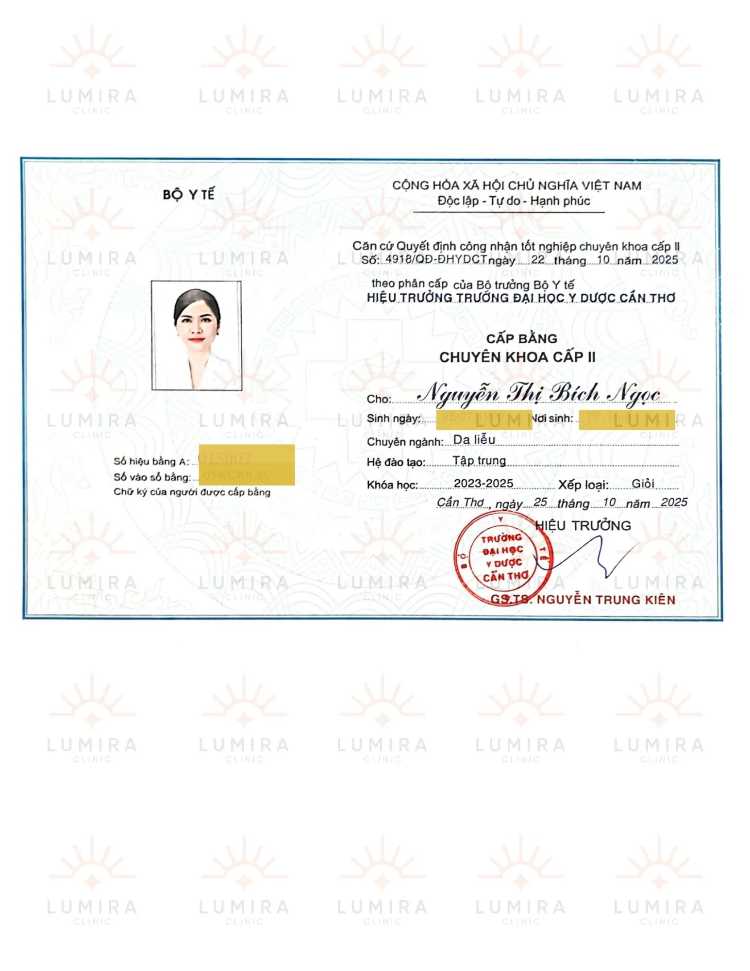 Bằng tốt nghiệp Bác sĩ Chuyên khoa 2 Da liễu - BS Nguyễn Thị Bích Ngọc Lumira Clinic