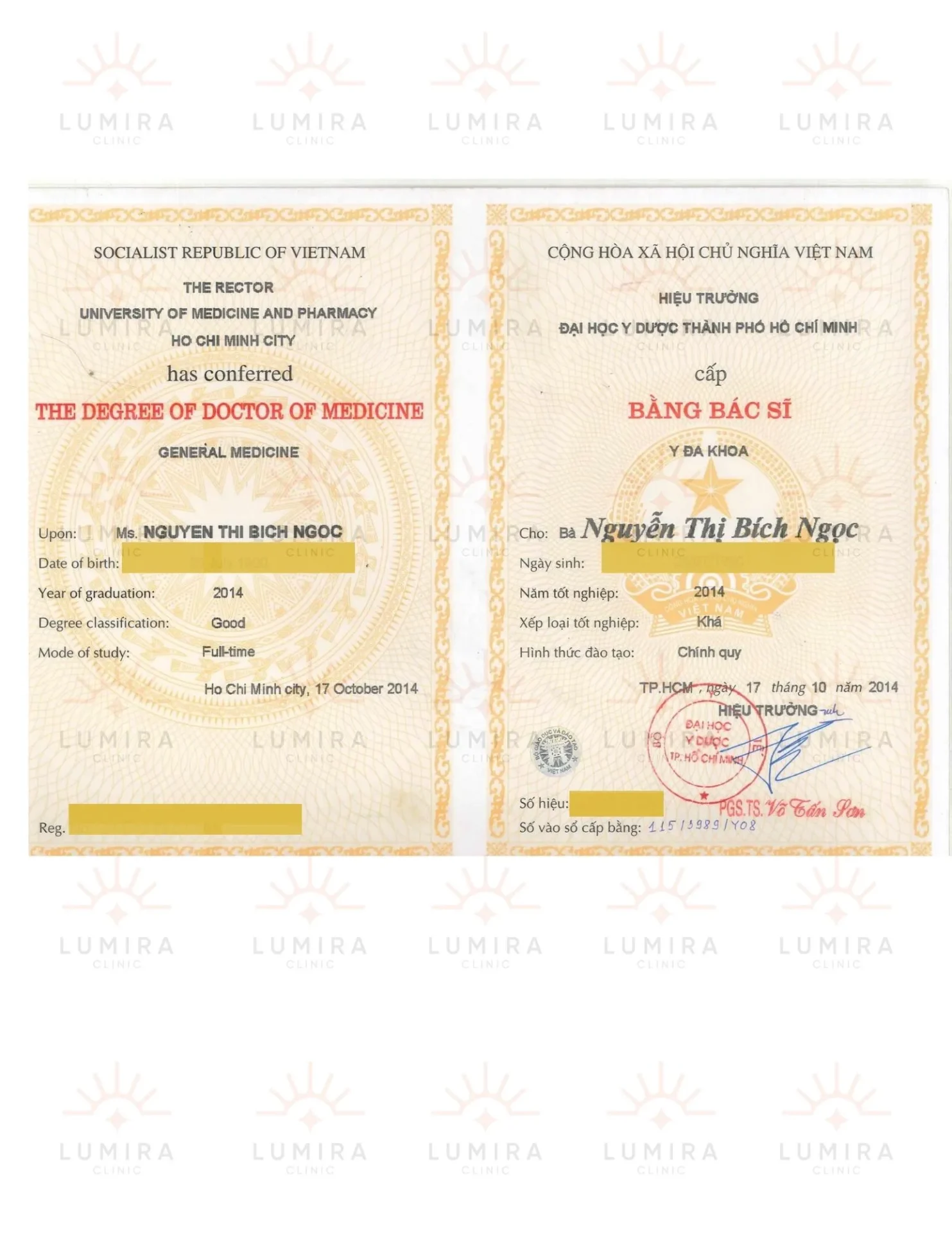 Bằng tốt nghiệp Bác sĩ Đa khoa ĐH Y Dược TP.HCM - BS Nguyễn Thị Bích Ngọc