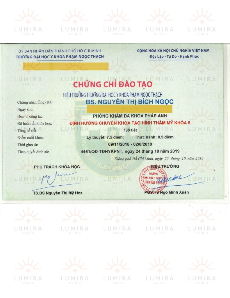 Chứng chỉ định hướng chuyên khoa Thẩm mỹ da - BS Nguyễn Thị Bích Ngọc Lumira Clinic