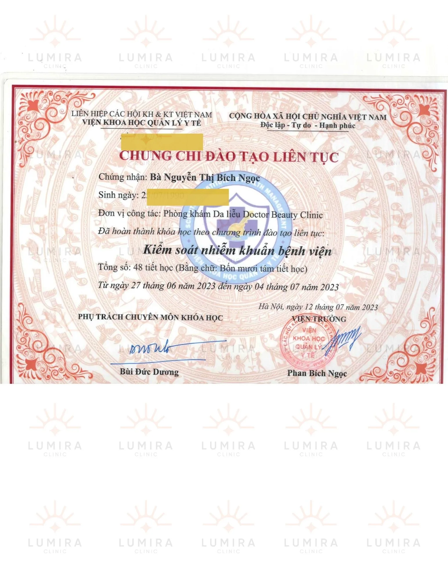 Chứng chỉ kiểm soát nhiễm khuẩn bệnh viện - BS Nguyễn Thị Bích Ngọc Lumira Clinic