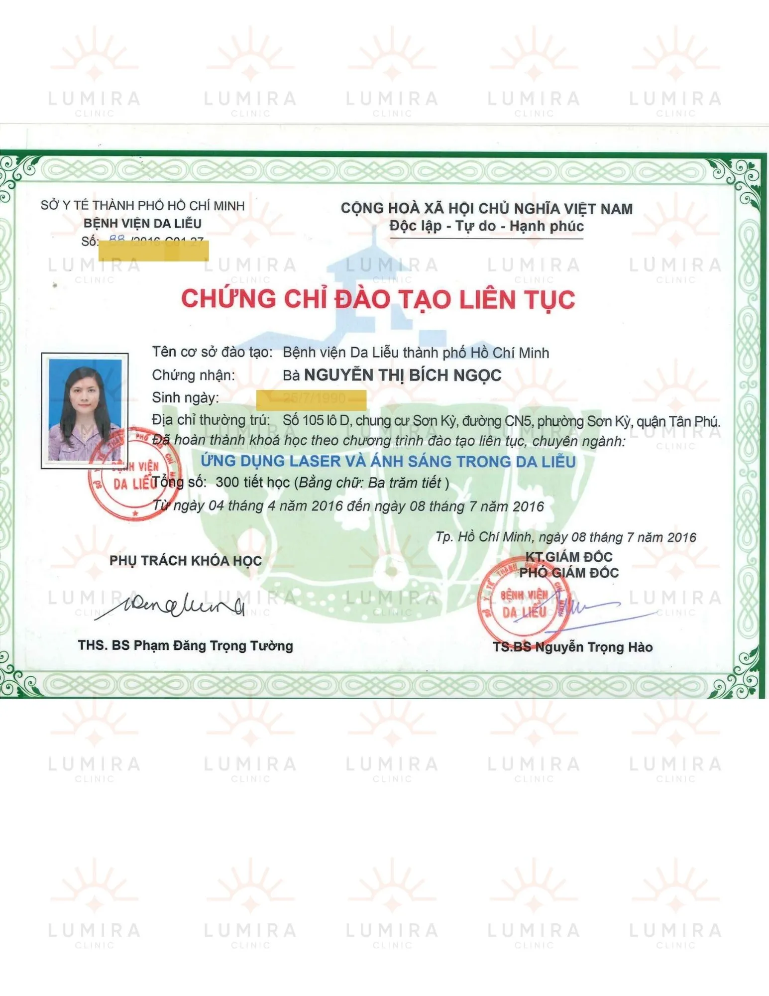 Chứng chỉ ứng dụng Laser và Ánh sáng trong Da liễu - BS Nguyễn Thị Bích Ngọc Lumira Clinic
