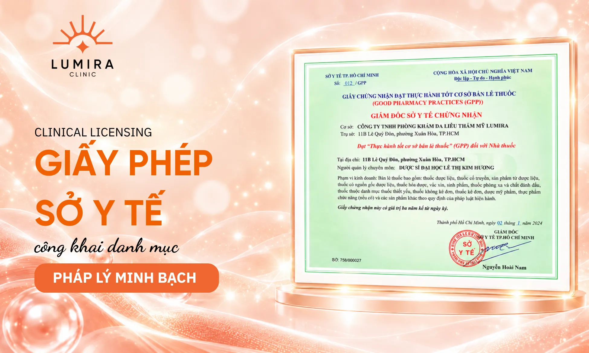 Tiêu chuẩn giấy phép hoạt động khám chữa bệnh chuyên khoa da liễu tại TP.HCM Lumira Clinic