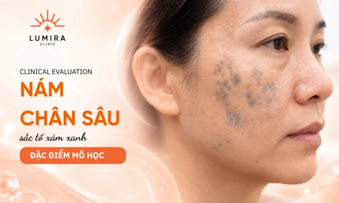Dấu hiệu nhận biết nám chân sâu với các đốm sắc tố xám xanh khu trú hai bên gò má