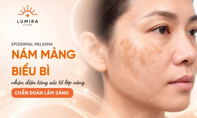 Hình ảnh lâm sàng nám mảng lan rộng đối xứng hai bên gò má ở phụ nữ