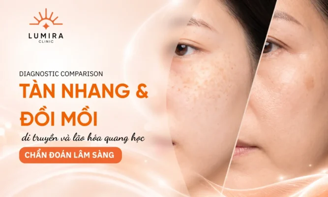 Hình ảnh phân biệt giữa đốm tàn nhang nhỏ và mảng đồi mồi lão hóa ở người lớn tuổi
